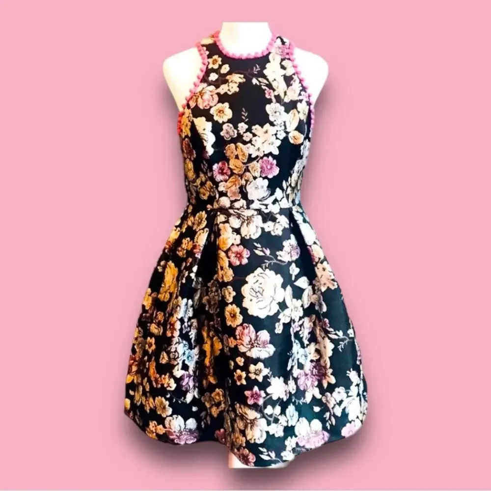 LAUNDRY black pink floral brocade Pom Pom trimmed Fit and Flare dress SZ 0 - Picture 10 of 11